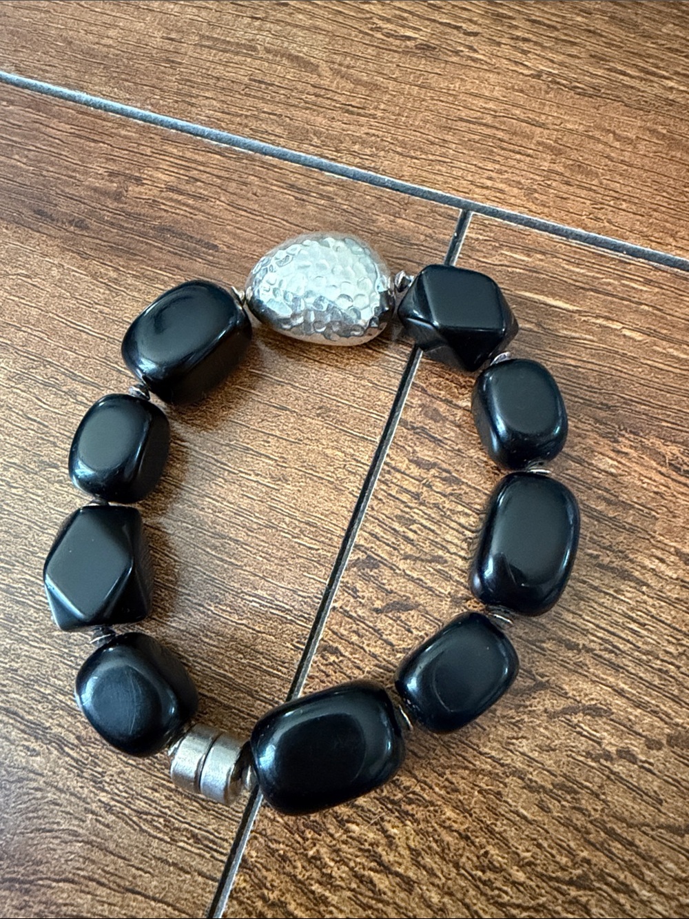 Black Beaded Stretch Bracelet with Silver Accent